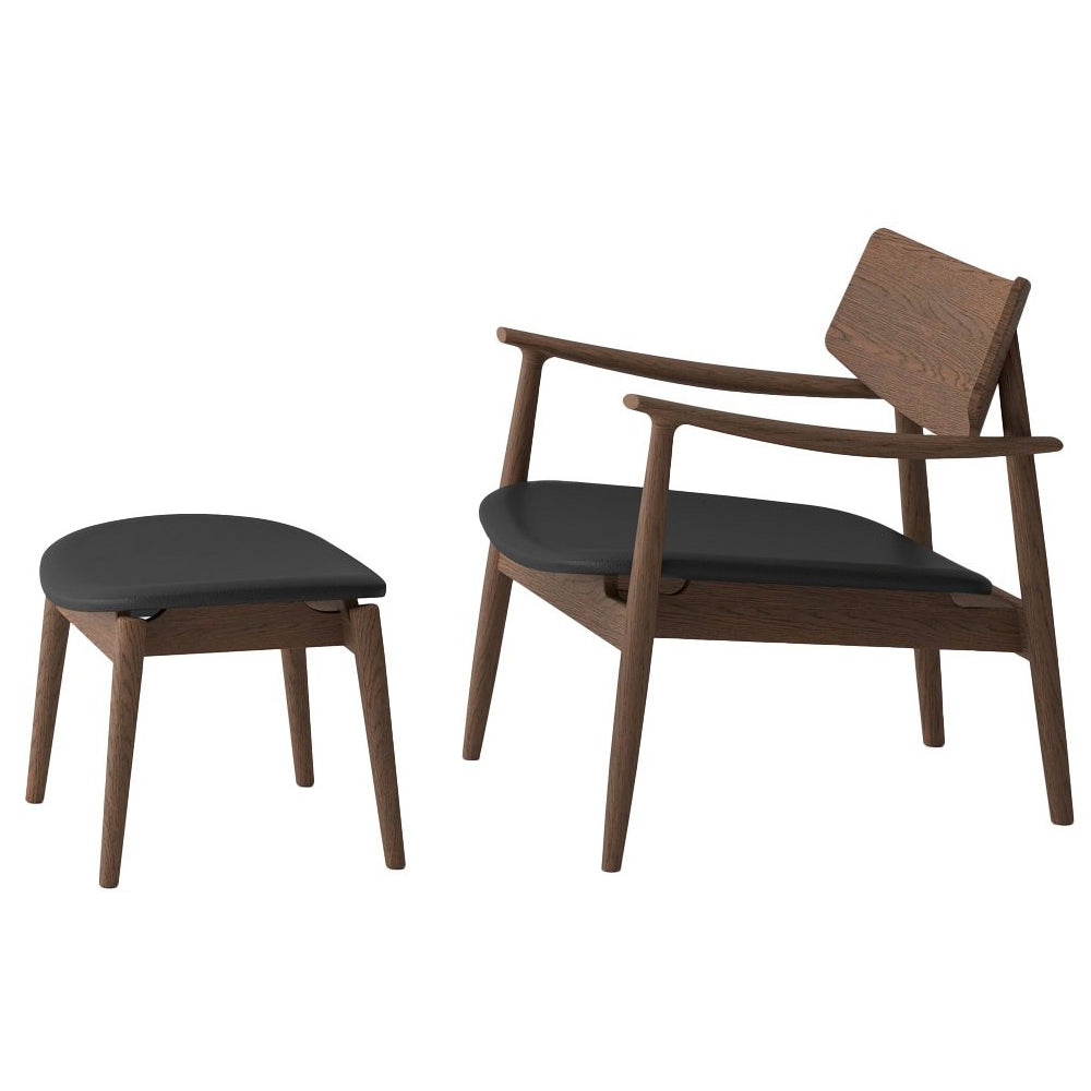 Solid oak lounge chair walnut with black leather seat