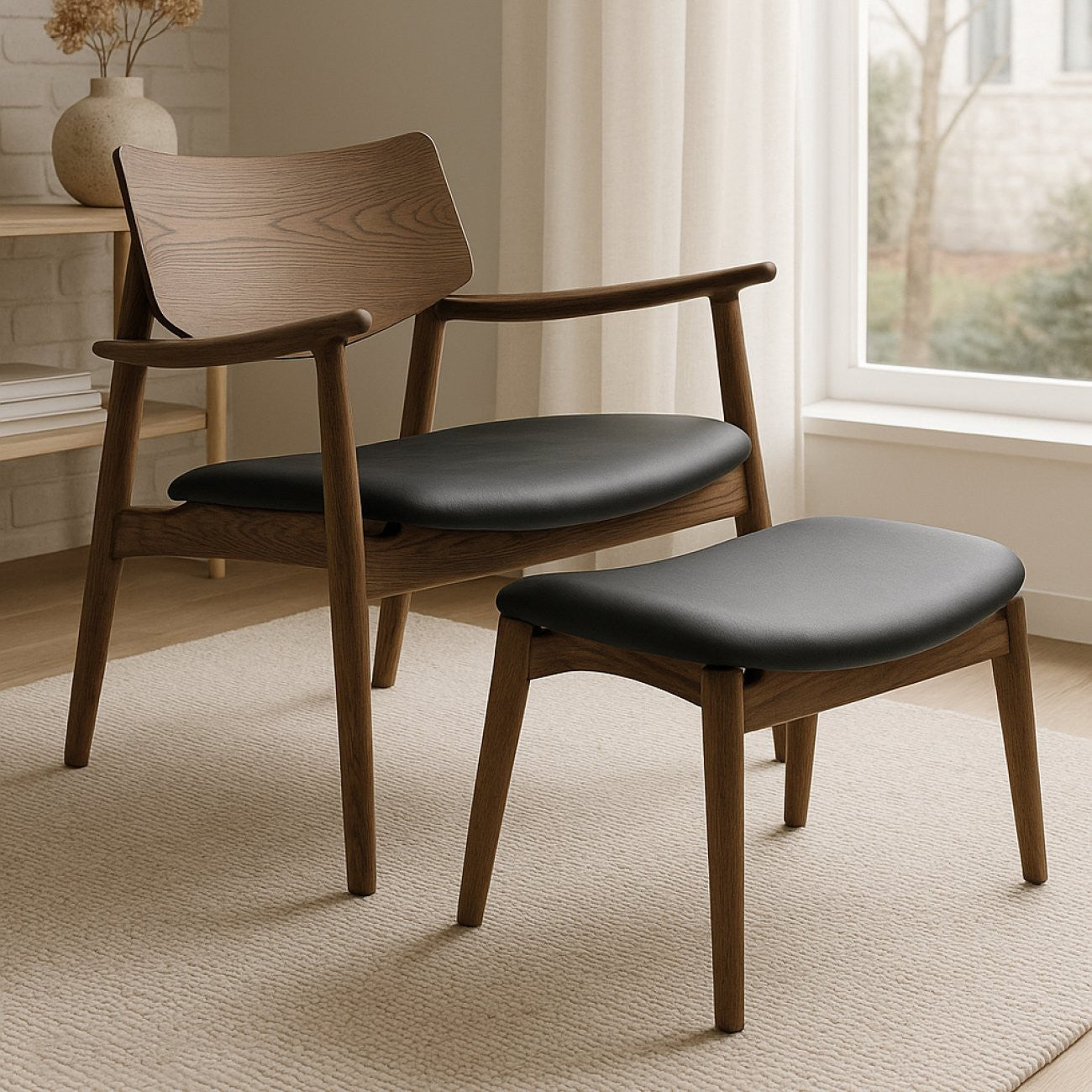 Solid oak footstool walnut with black leather cushion