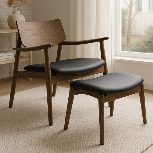 Solid oak footstool walnut with black leather cushion