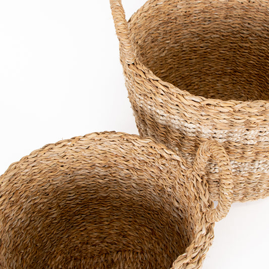 Striped seagrass basket with handle