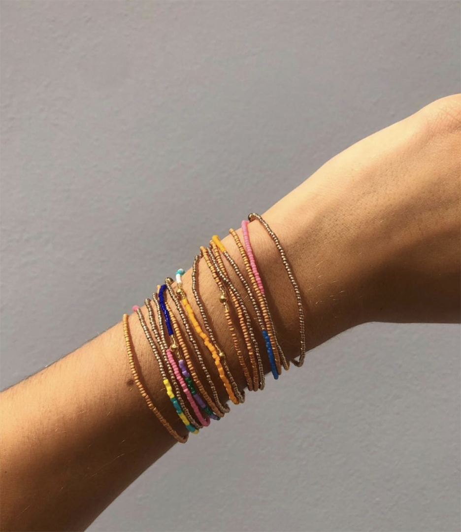 Set of 3 beaded bracelets pink, gold & bronze