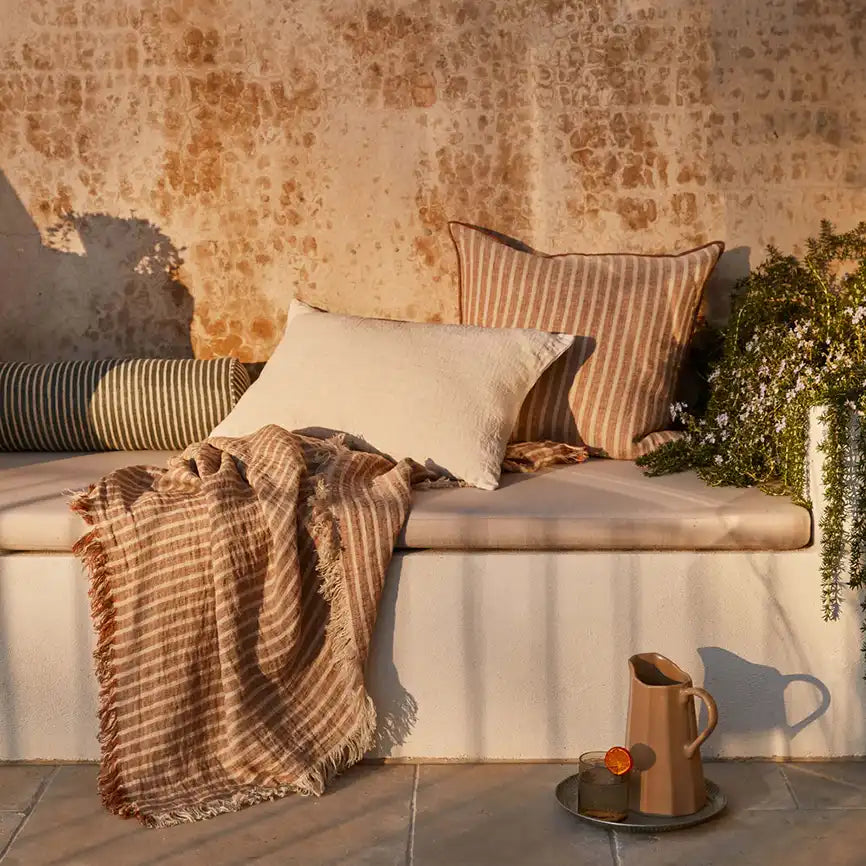 Ava linen stripe cushion cover toffee 55cm