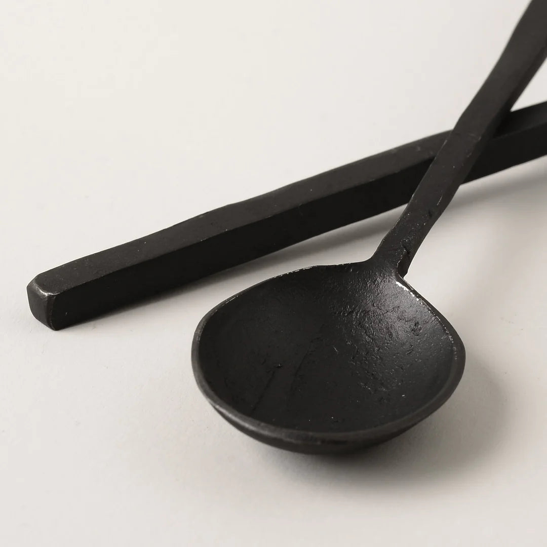 Burnished iron spoon with square handle 13cm black