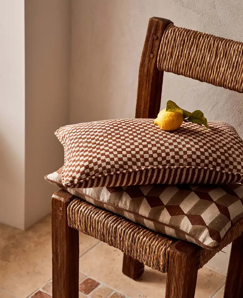 Gia block print linen cushion cover 30 x 50cm terracotta