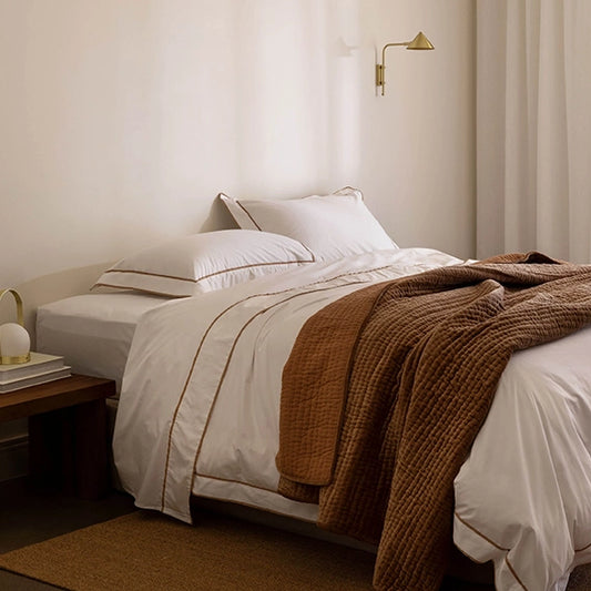 Grosgrain Egyptian cotton pillowcase set white and caramel