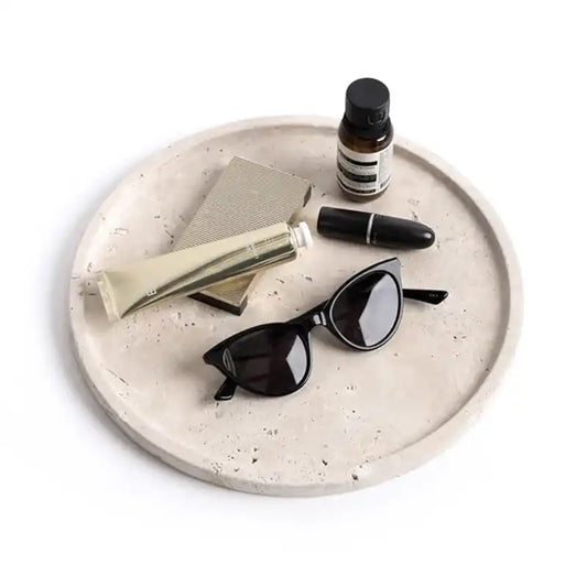 Light travertine round tray 28cm