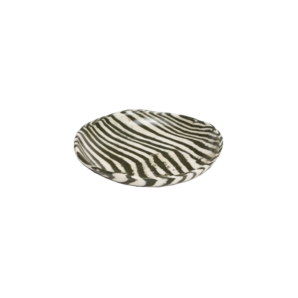 NZ made Mystery Creek small dish olive stripe 13cm