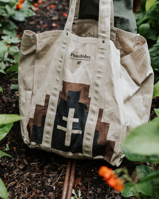 Pony Rider canvas tote bag mountain design