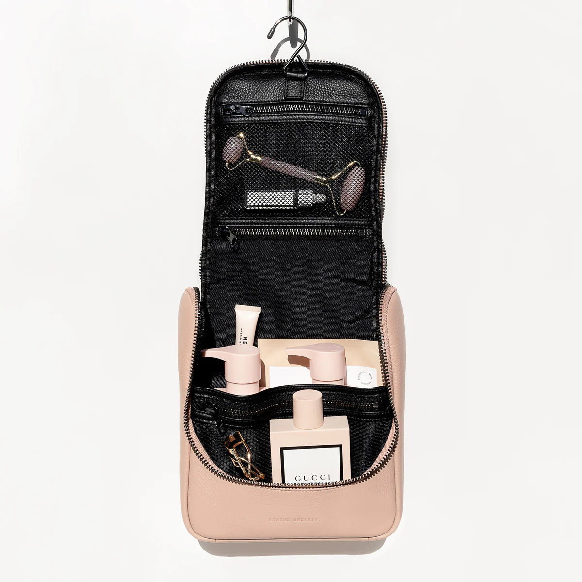 Leather hanging toiletry organiser pink
