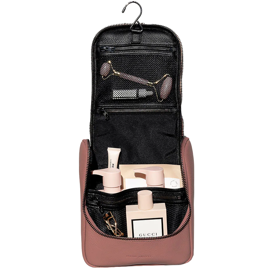 Leather hanging toiletry organiser dusty rose