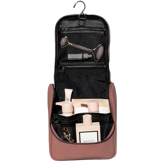 Leather hanging toiletry organiser dusty rose