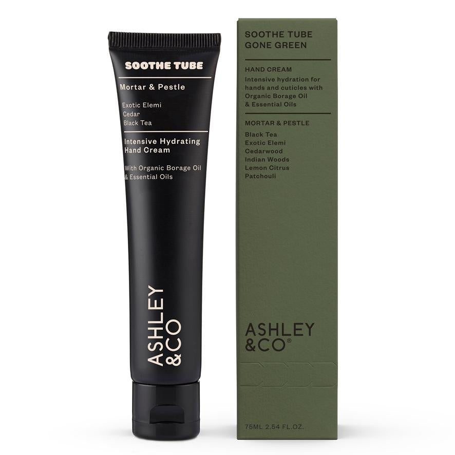 Ashley & Co's Gone Green Soothe Tube is an eco-friendly intensive, rich hydrating cream for your hands. Gone Green combines the non greasy, nasty free, Soothe Tube formulation with essential oils. The rich qualities of organic borage oil, shea butter & camomile extract, aim to soften, restore and soothe parched hands & cuticles. Scent:  Mortar & Pestle  Size:  75ml