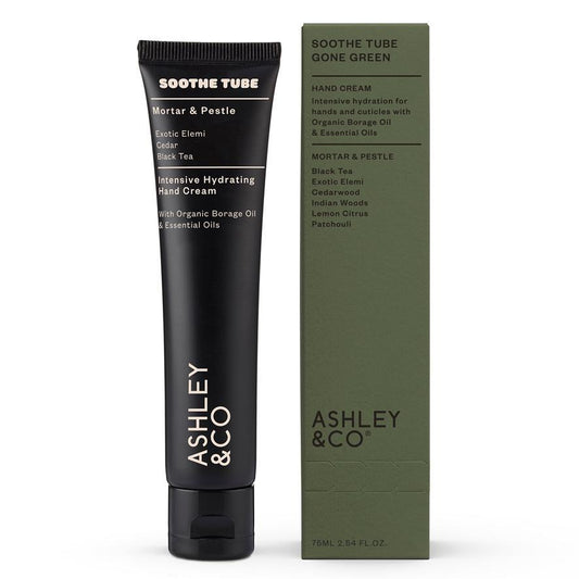 Ashley & Co's Gone Green Soothe Tube is an eco-friendly intensive, rich hydrating cream for your hands. Gone Green combines the non greasy, nasty free, Soothe Tube formulation with essential oils. The rich qualities of organic borage oil, shea butter & camomile extract, aim to soften, restore and soothe parched hands & cuticles. Scent:  Mortar & Pestle  Size:  75ml