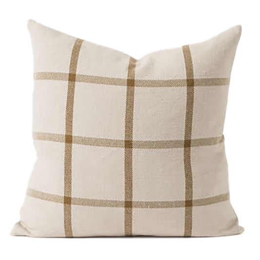 This classic twill weave cushion cover features a modern large scale grid design.  Made of 40% linen and 60% cotton.  Colour: natural with bronze lines  Dimensions: 50cm square