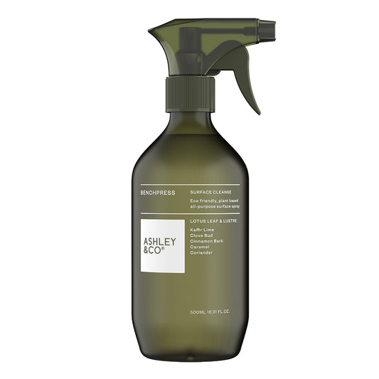 An all-round surface spray for the kitchen, this is the perfect counter top companion.  Ashley & Co's benchpress surface cleaner is a biodegradable blend bolstered with essential oils like citrus, clove bud and cinnamon bark.  Effective without the use of harsh ingredients, it is gentle on skin and leaves surfaces spotless and fresh.  Scent:  lotus leaf & lustre  Size:  500ml