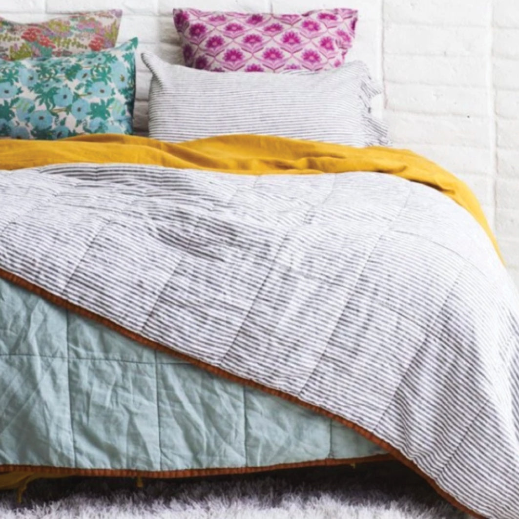 SOW wasabi & charcoal stripe double sided linen quilt