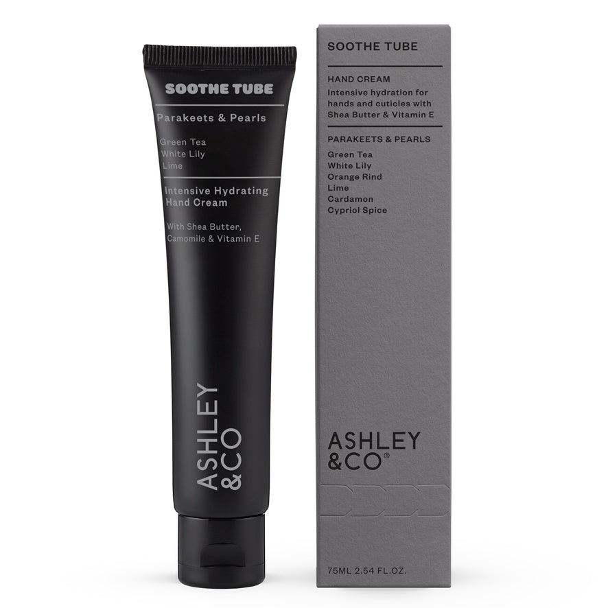Ashley & Co's Soothe Tube hand cream smells great as well as being good for your skin. The intensive hydrating cream is a rich, yet non–greasy aromatic natural blend for parched hands & cuticles. The combination of shea butter, camomile extract & vitamin E soothes and nourishes hands. The hand cream is lightly fragranced with one Ashley & Co’s signature scents, Parakeets & Pearls. It has an old world scent of freshly picked green tea and white lilies.