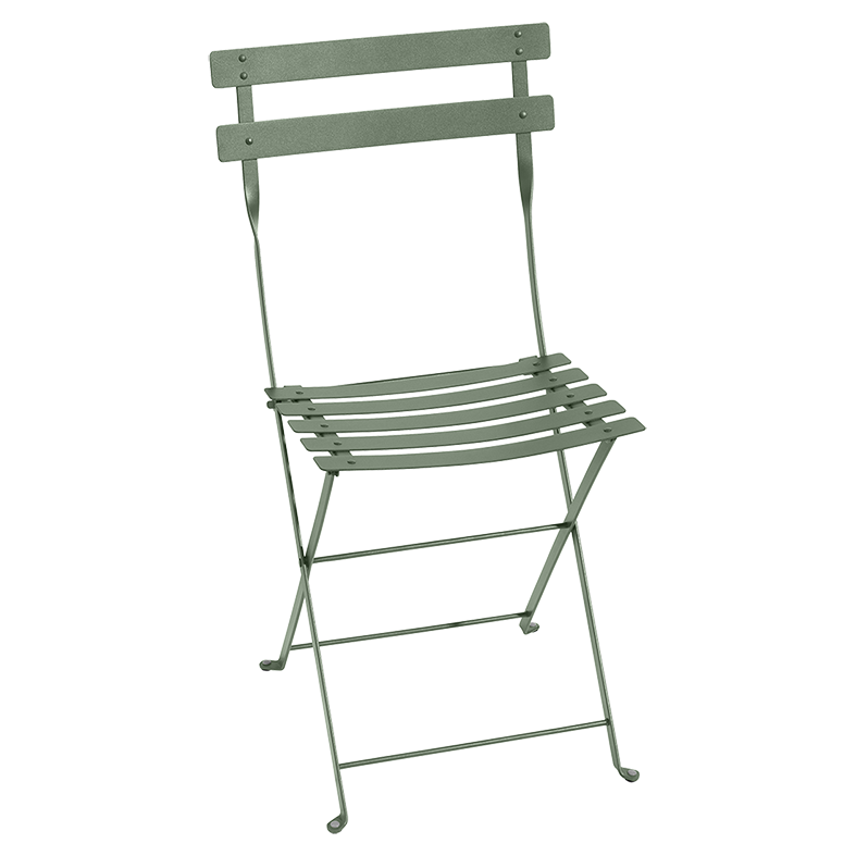 Classic outdoor folding bistro chair, made in France by the iconic French brand, Fermob.  The Bistro chair is designed to remain outdoors and is fully weather resistant. The chairs look great sitting around a small bistro table on a terrace or used them down a long banquet table under the vines! Dimensions: 38cm wide x 82cm high x 42cm deep  Colour: cactus (green)