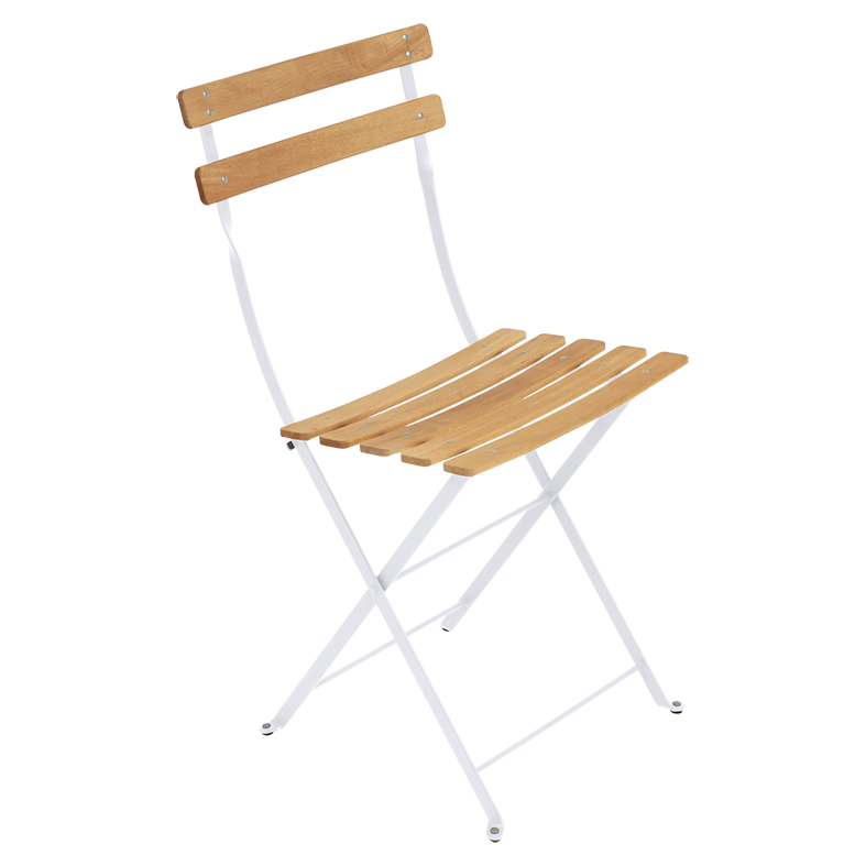 Classic outdoor folding bistro chair featuring beechwood slats, made in France by the iconic French brand, Fermob. The Bistro chair is designed to remain outdoors and is fully weather resistant. The chairs look great sitting around a small bistro table on a terrace or used them down a long banquet table under the vines! Dimensions: 38cm wide x 82cm high x 42cm deep Colour: white