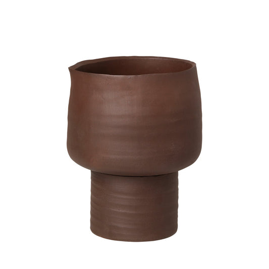 Striking stoneware vase with an organic shaped rim and red clay-toned finish.  Dimensions: 18cm diameter x 20cm high  Colour: red clay