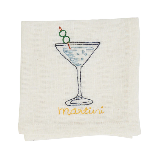 Martini hand embroidered cotton cocktail napkin