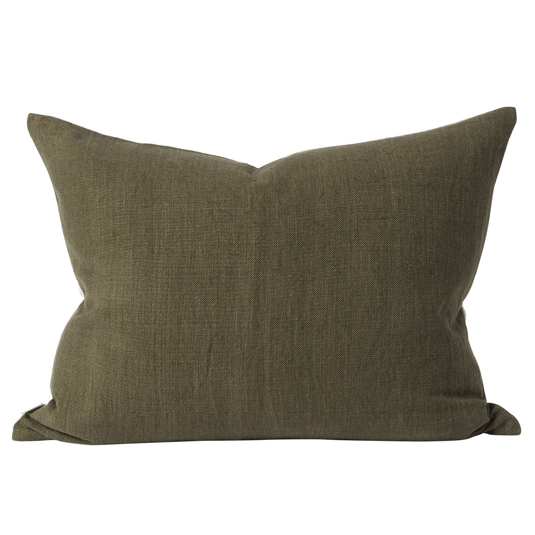 A gorgeous heavyweight hand woven cushion cover, featuring a warm earthy tone one side, and an off white colour on the other side. Made of 50% linen and 50% cotton. Colour: ivy Dimensions: 50cm wide x 65cm long