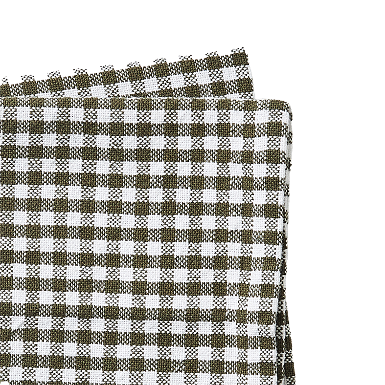 Gingham washed cotton tea towel olive