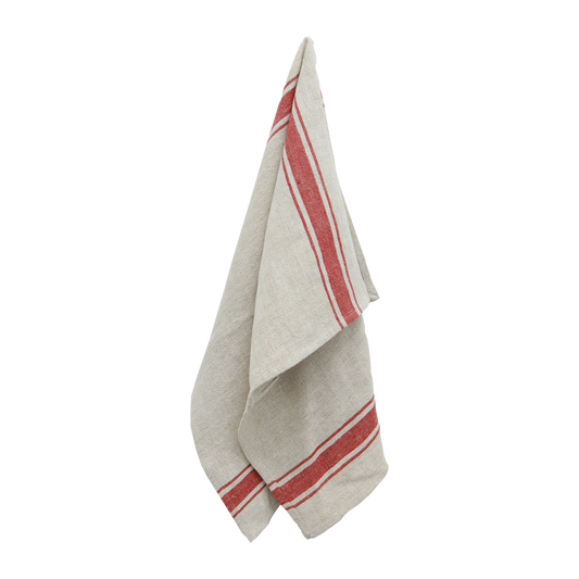 Linen natural striped tea towel red