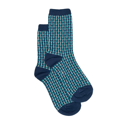 Lurex diamond print socks navy and teal