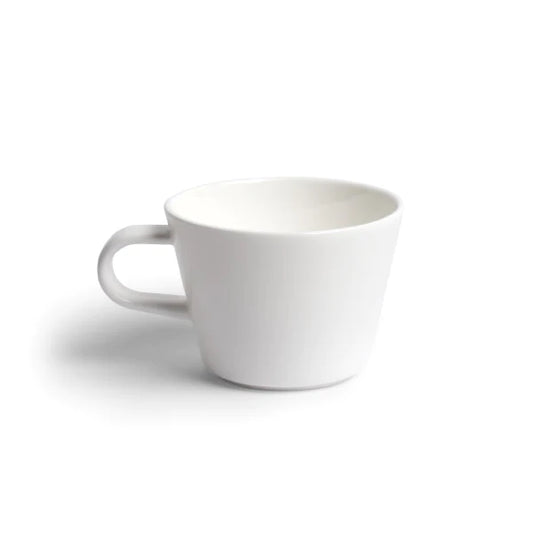 A fine, light cup, created by Acme for modern espresso. The 170ml Roman cup is ideal for serving black coffee drinkers, this cup is made from durable porcelain and glazed in a crisp milk white.  Dimensions: 6cm high x 8.2cm diameter, base diameter 4.9cm   Capacity: 170mls  Colour: white  Dishwasher safe.