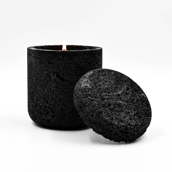 Black molten rock candle with lid