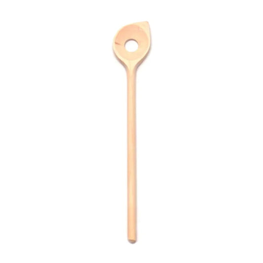 Natural beech wood pointed spoon with hole and round handle.   Made in Germany.  Dimensions: 30cm long