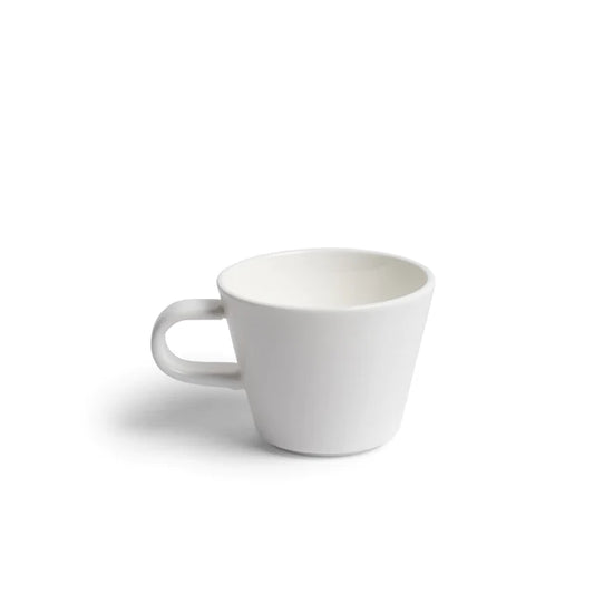 A fine, light cup and saucer set created by Acme for modern espresso. The 110ml Roman cup is ideal for serving espresso, or elegant fluffies!   This cup and saucer are made from durable porcelain and glazed in a soft white.  Dimensions: 5.6cm high x 7.1cm diameter, base diameter 3.9cm   Capacity: 100mls  Colour: white  Dishwasher safe.