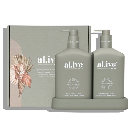 The Al.ive wash + lotion duo includes a bottle of hand & body wash, a bottle hand & body lotion and a matching tray.  The duo has a green pepper & lotus scent, featuring a luxurious blend of naturally derived ingredients, fortified with essential oils and native botanical extracts.