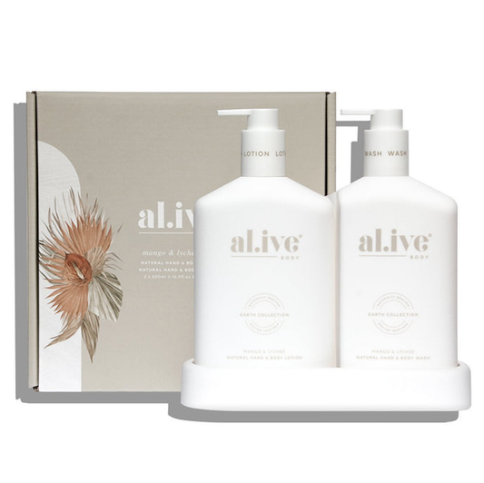 The Al.ive wash + lotion duo includes a bottle of hand & body wash, a bottle hand & body lotion and a matching tray.  The duo has a mango & lychee scent, and features a luxurious blend of naturally derived ingredients, fortified with essential oils and native botanical extracts.