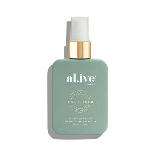 The Al.ive hand and surface sanitiser is a dual-purpose product that eliminates bacteria from the skin and surfaces. Its 70% ethanol content kills 99.9% of bacteria. I  Scent: watermelon and lime   The discreet and convenient bottle can be used on-the-go, as the formula leaves no sticky residue. The inclusion of moisturising ingredients means it will not dry out the skin so is ideal for regular use.  Size: 100ml