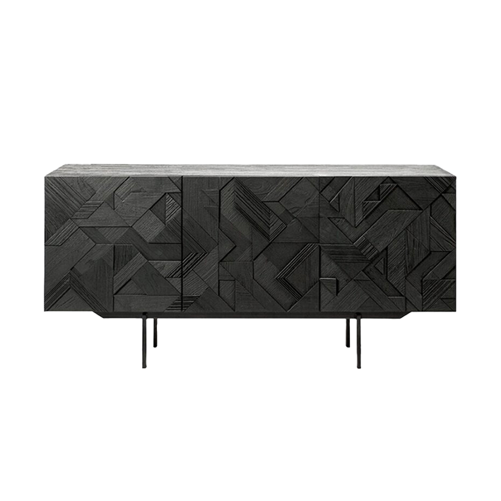 Teak geo carved 3-door sideboard 168cm black