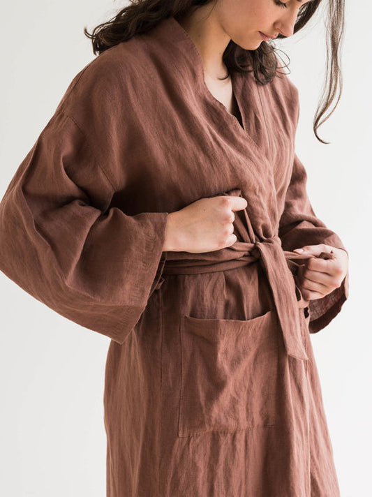 Women's linen dressing gown plum