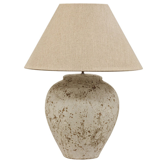 Rustic terracotta lamp with raw linen shade