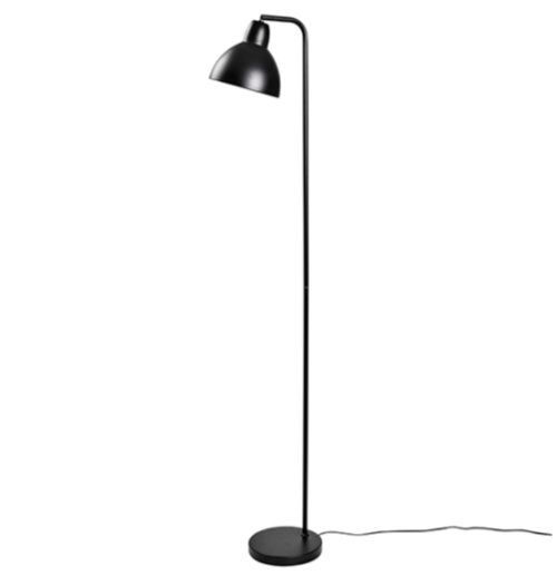 Classic black metal floor lamp from Danish brand Broste Copenhagen.  Takes an E27 bulb, max 28 watts.  Dimensions: 22cm wide x 154cm high