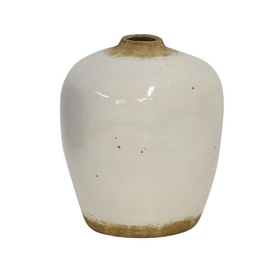Gorgeous vase made of terracotta, off white with natural coloured rustic detailing around the neck and on the botton of the vase.  Dimensions: 22.5cm wide x 25.5cm high