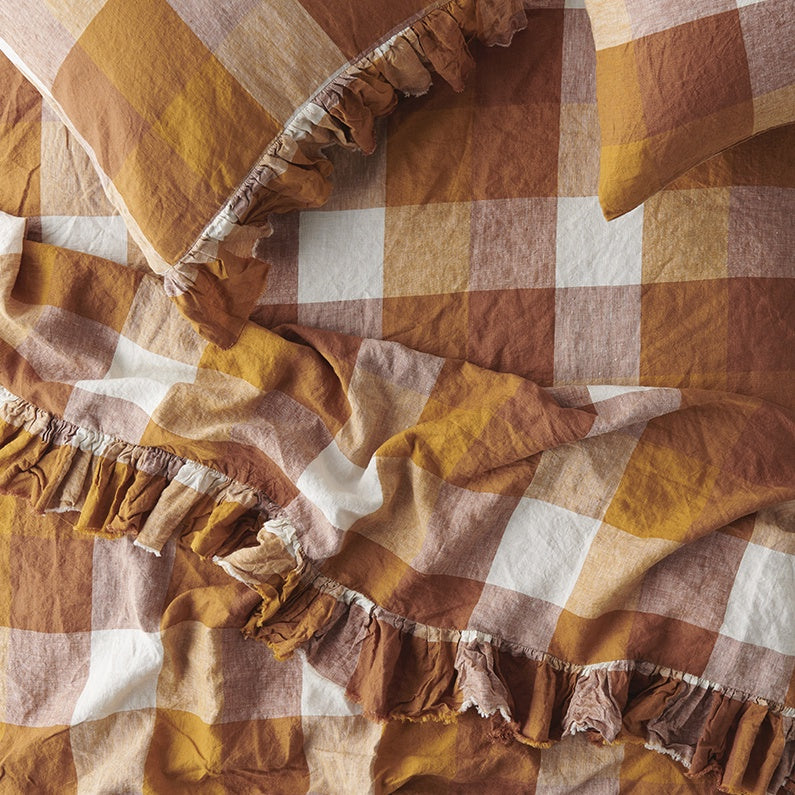 SOW biscuit check linen pillowcases with ruffle
