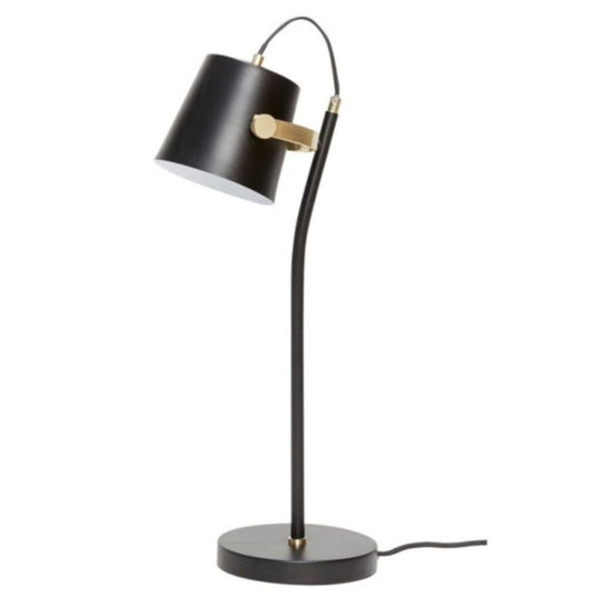 Ultra-modern table lamp, featuring brass detail. Perfect for beside the bed, or in the office.  Colour: black  Dimensions: 29 cm x25cm x 44cm high
