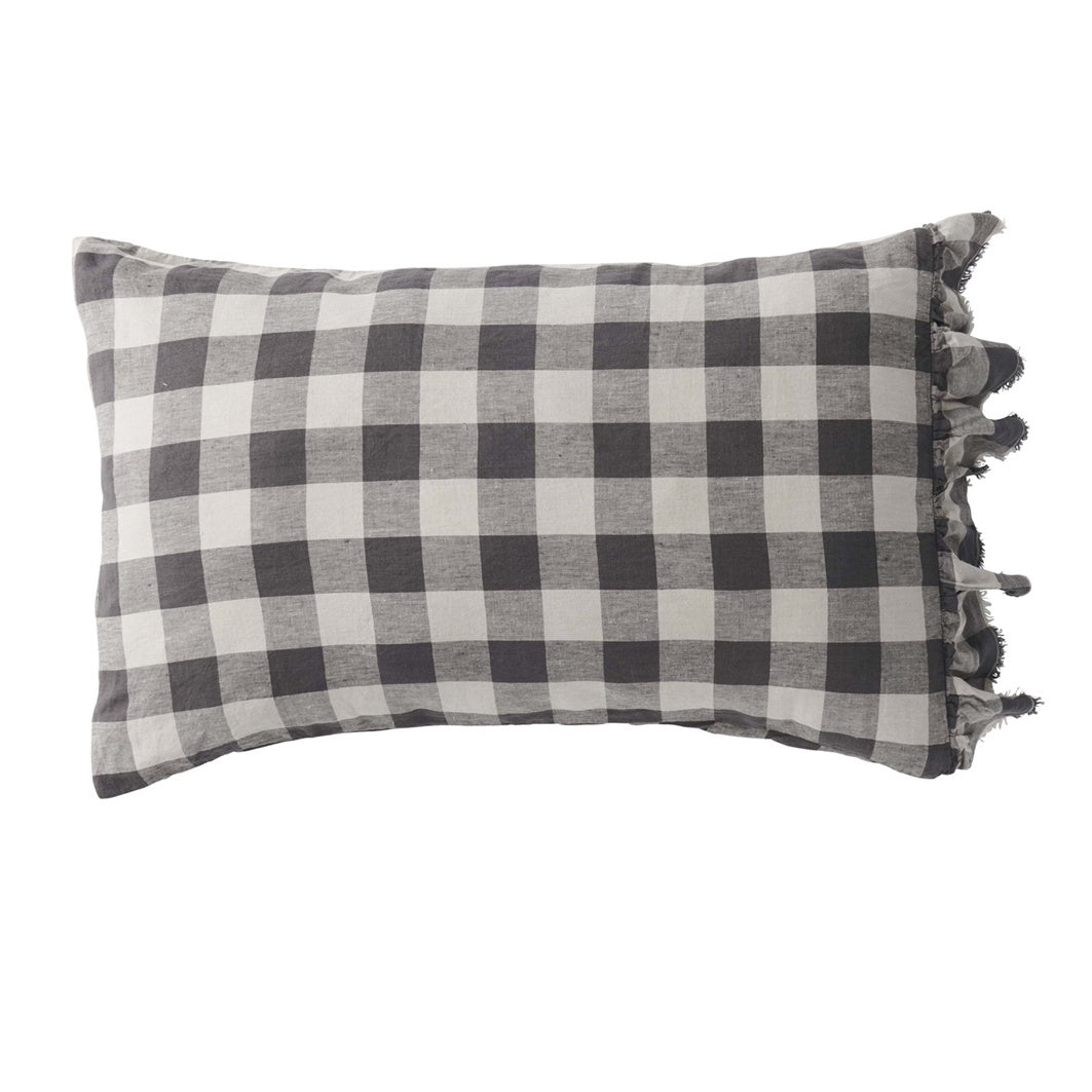 SOW licorice gingham linen pillowcases with ruffle