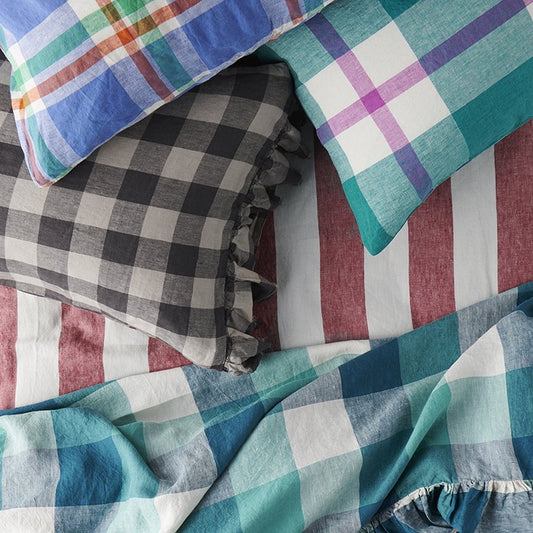 SOW licorice gingham linen pillowcases with ruffle