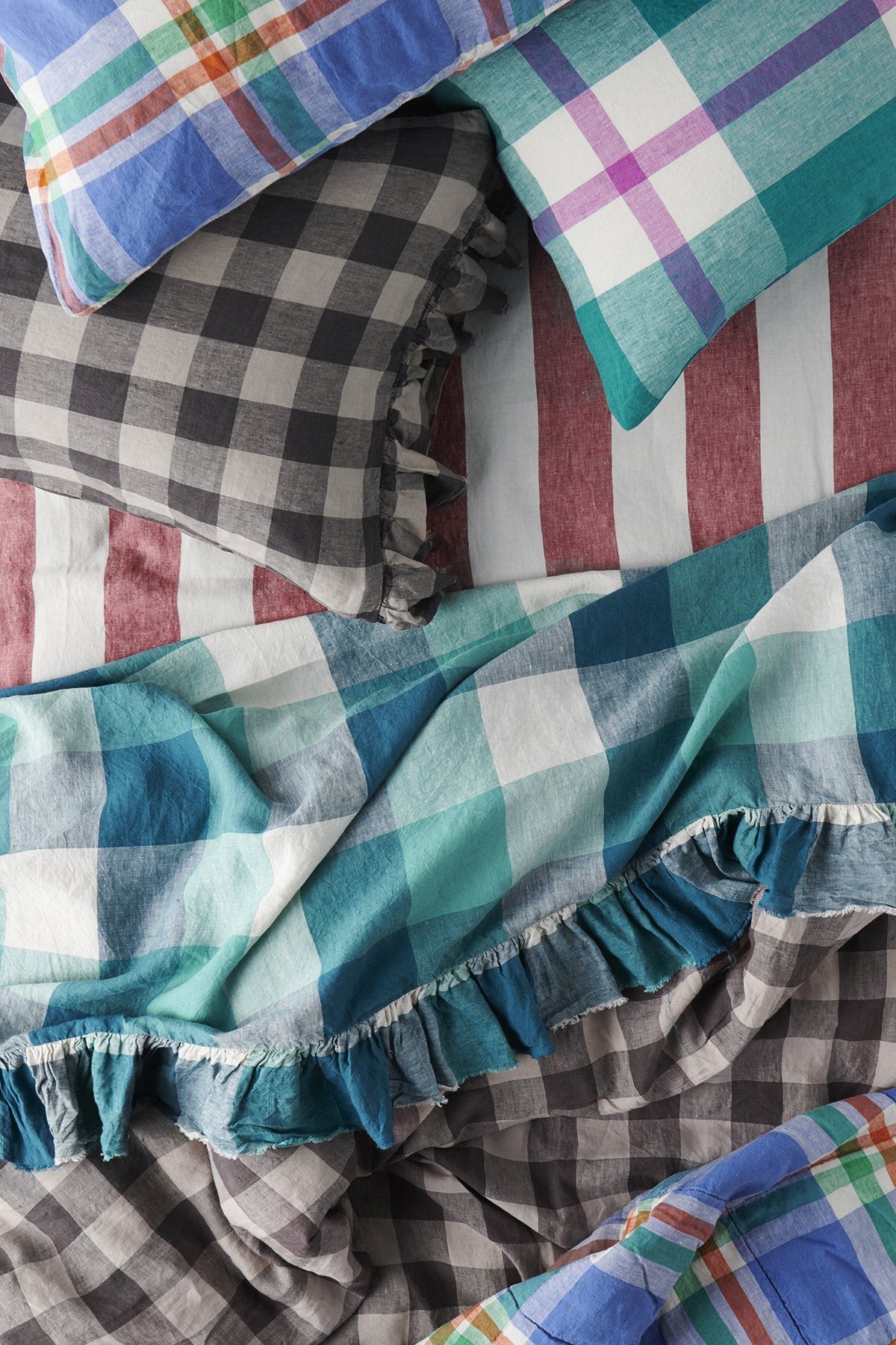 SOW licorice gingham linen pillowcases with ruffle