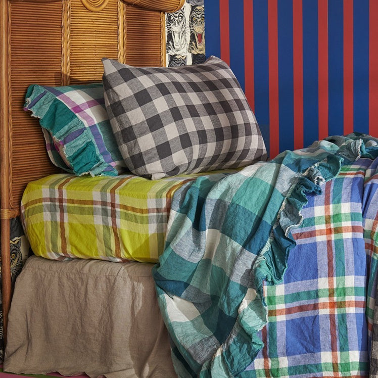 SOW licorice gingham linen pillowcases with ruffle