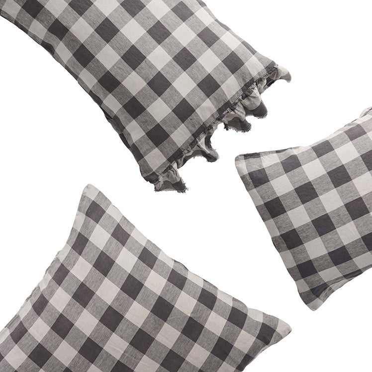 SOW licorice gingham linen pillowcases with ruffle