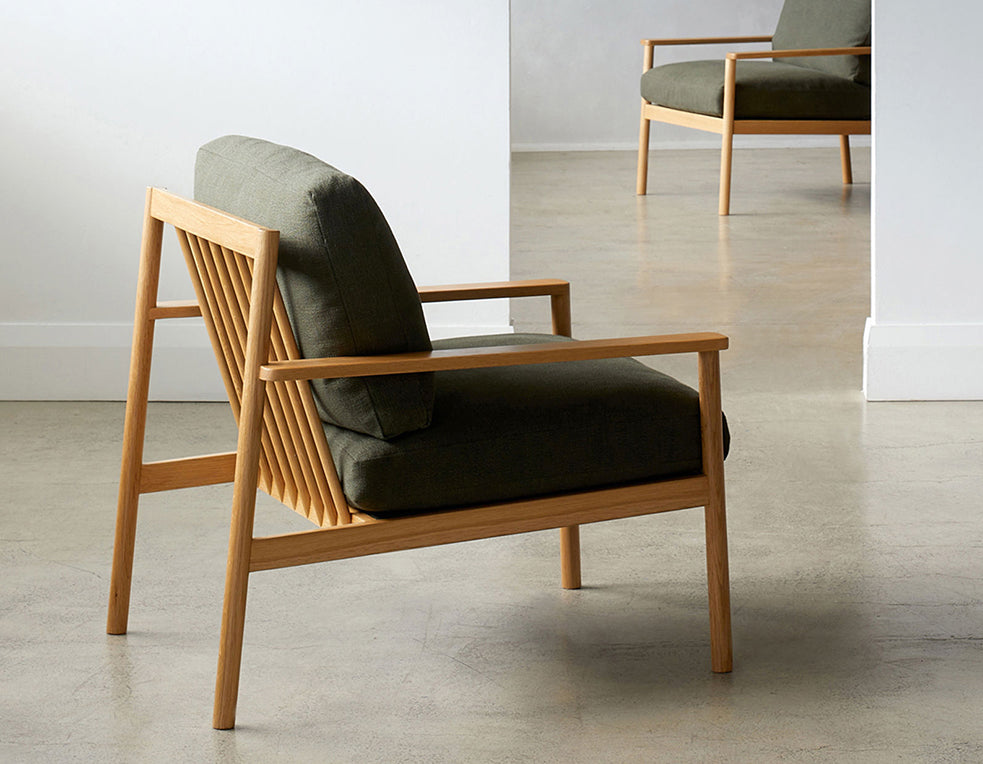 NZ made upholstered armchair husk fabric