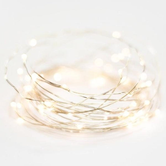 Gorgeous twinkly fairy lights that look great strung up or bunched in a jar.   These battery operated lights measure 10m in length and feature 100 LED micro bulbs. The warm white bulbs are hung on lightweight flexible wire, in either a silver or copper colour.   The battery pack takes 3 x AA batteries (not included). The bulbs do not get hot, they are cool to the touch.   Colours:  copper wire, silver wire